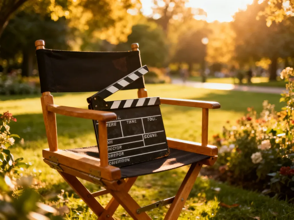 Klapa filmowa na reżyserskim krześle w słonecznym ogrodzie, nawiązująca do kulis powstawania filmu.