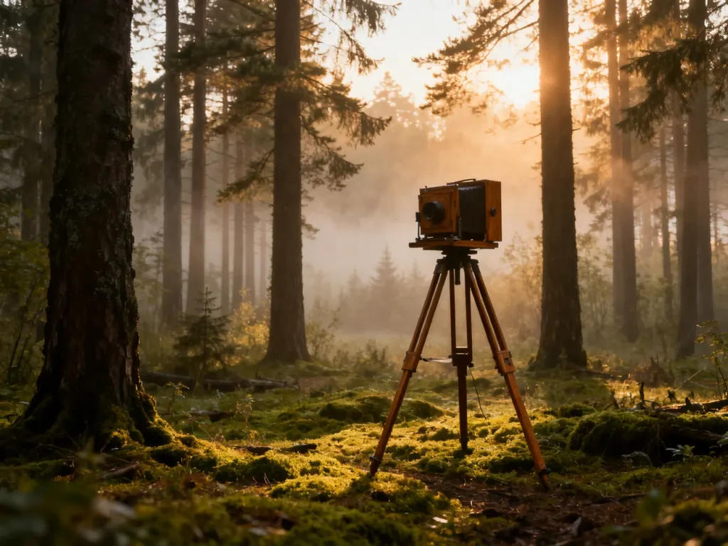 Zabytkowa kamera na statywie w zamglonym lesie na Podlasiu, podkreślająca filmowy klimat regionu.