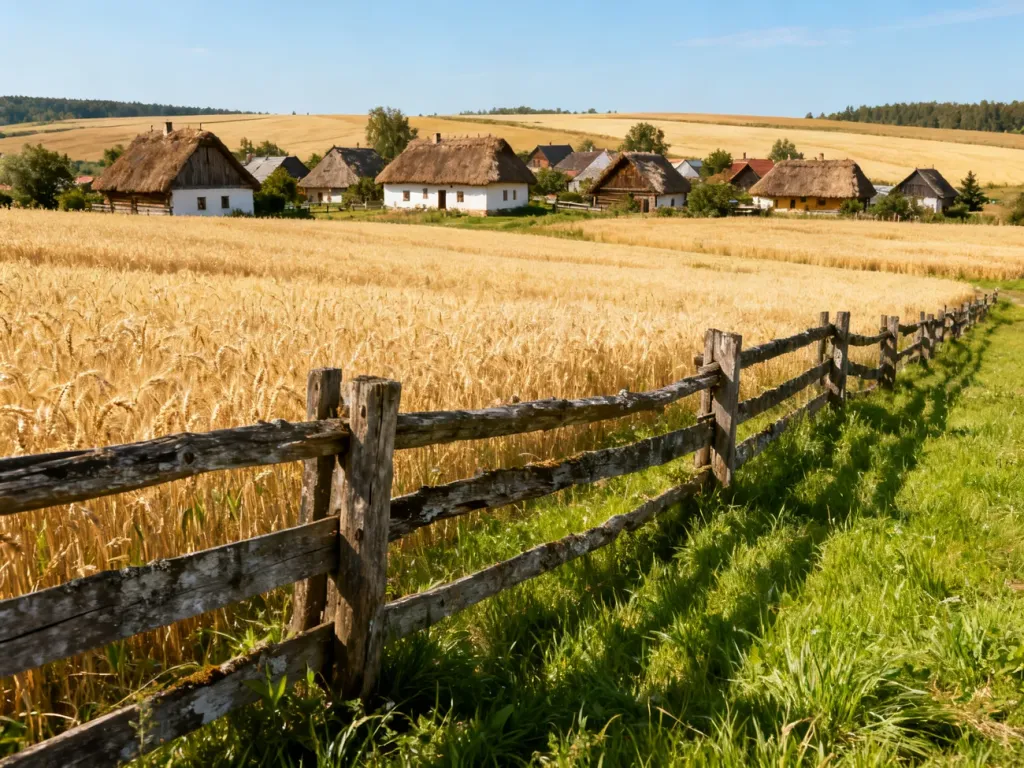 Sielski krajobraz polskiej wsi z tradycyjnymi chatami, przypominający scenerię z filmu „Sami swoi”.